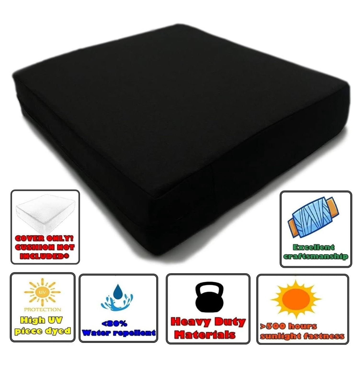 Indoor Outdoor Water High UV Resistant Patio Chair Cushion Cover (Just Black, 22"x20"x4" (1 Cover))