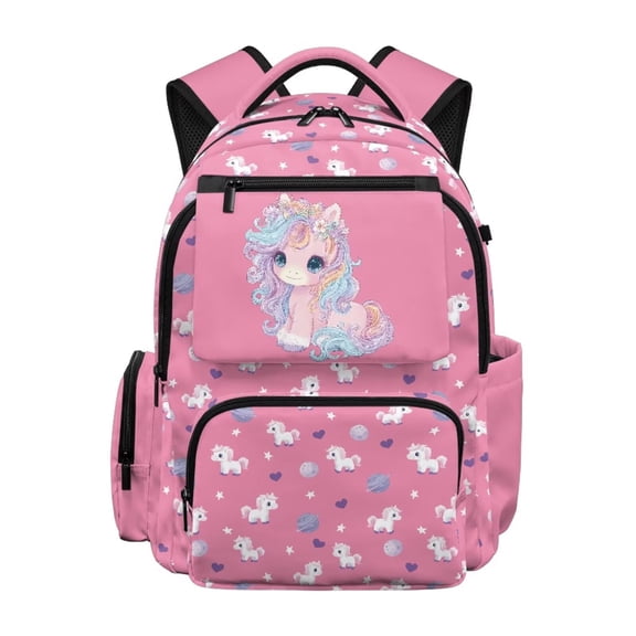 FKELYI Pink Flower Unicorn Print Girls Backpack for Kids Schoolbag Lightweight 17 Iinch School Bookbag with Multi-Pockets Casual Daypack Travel Knapsack Rucksack for Child