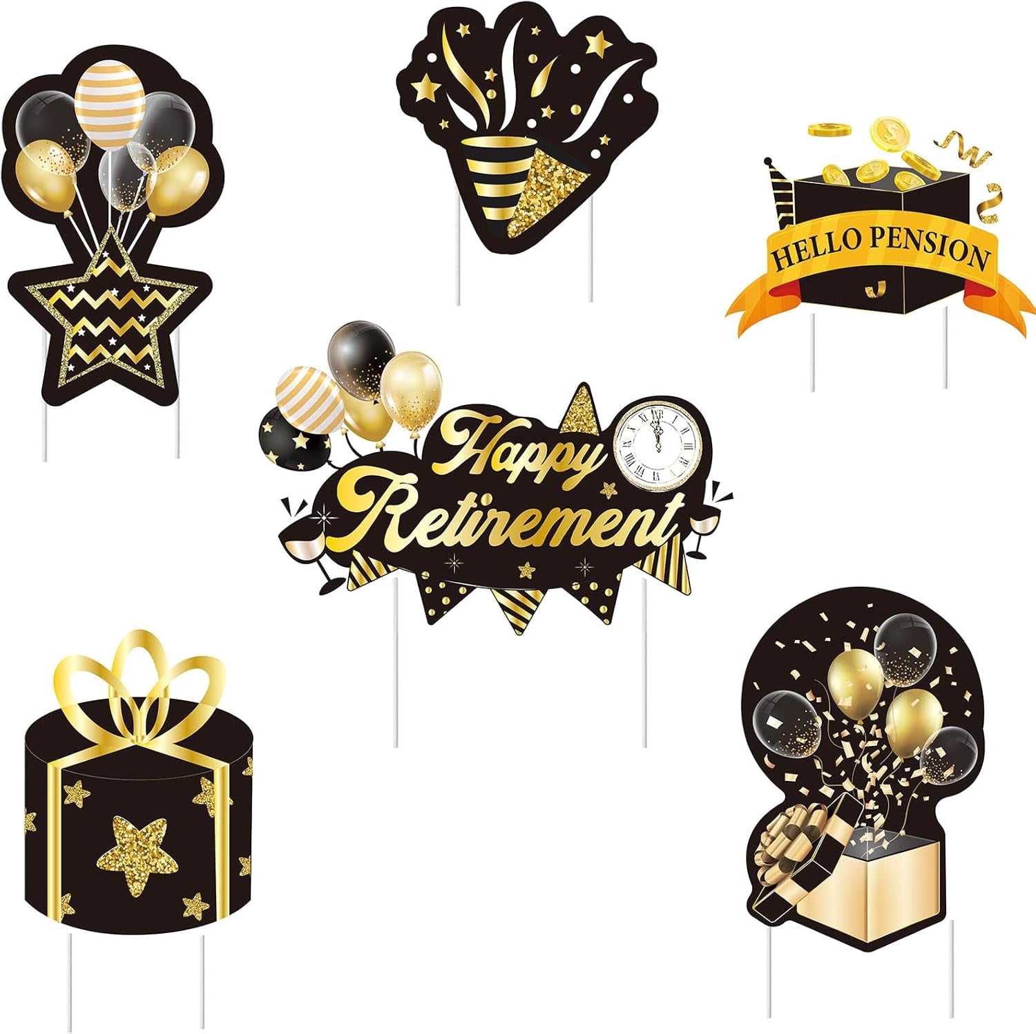 6Pack Happy Retirement Yard Signs Signs Black Gold Retirement Lawn Sign for Retirees Outdoor Retirement Lawn Decorations Sign Retirement Party Decoration Home Garden Lawn Yard Décor