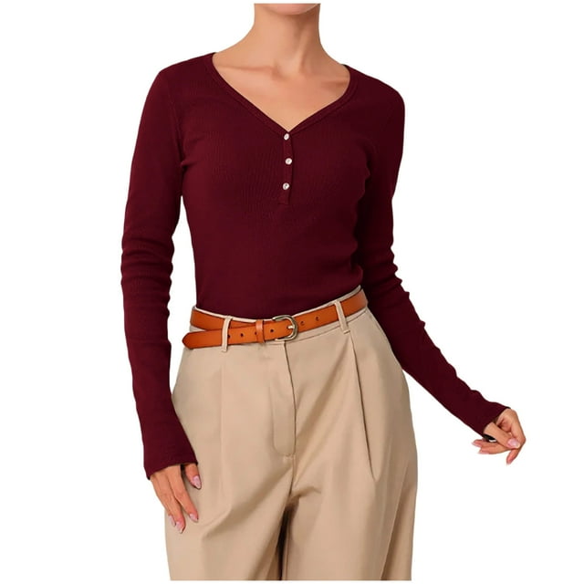 RXMEKW Long Sleeve V-Neck Base Layer Shirt For Women, Casual Solid Color Polyester Top