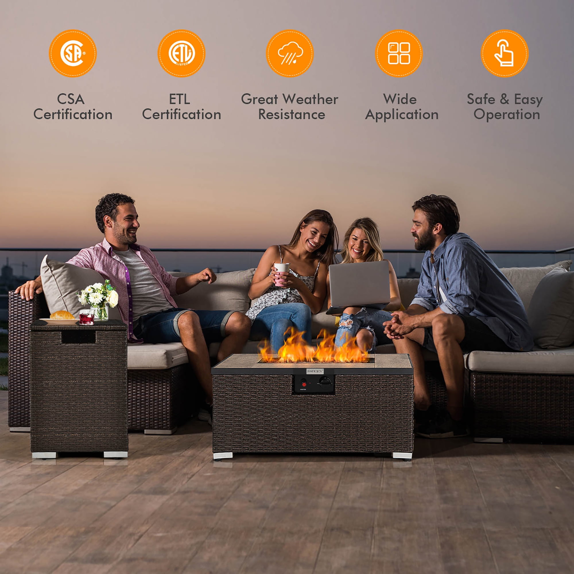 Costway 32''x 20'' Propane Rattan Fire Pit Table Set w/ Side Table Tank & Cover 40,000 BTU Brown