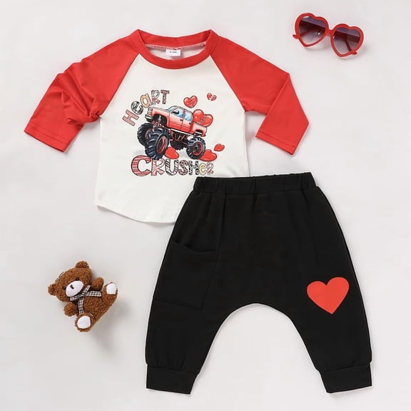 ZEHJUHAN Toddler Boys' 2-Piece Set, "Heart Breaker" Print Round Neck Long Sleeve T-Shirt and Heart Print Pants Red，6-9M