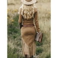 thumbnail image 4 of 2025 Women's Western Cowgirl Suede Dress Vintage Long Sleeve Slim Fit Fringe Dress Formal Dresses with Lapel and Zip, 4 of 7