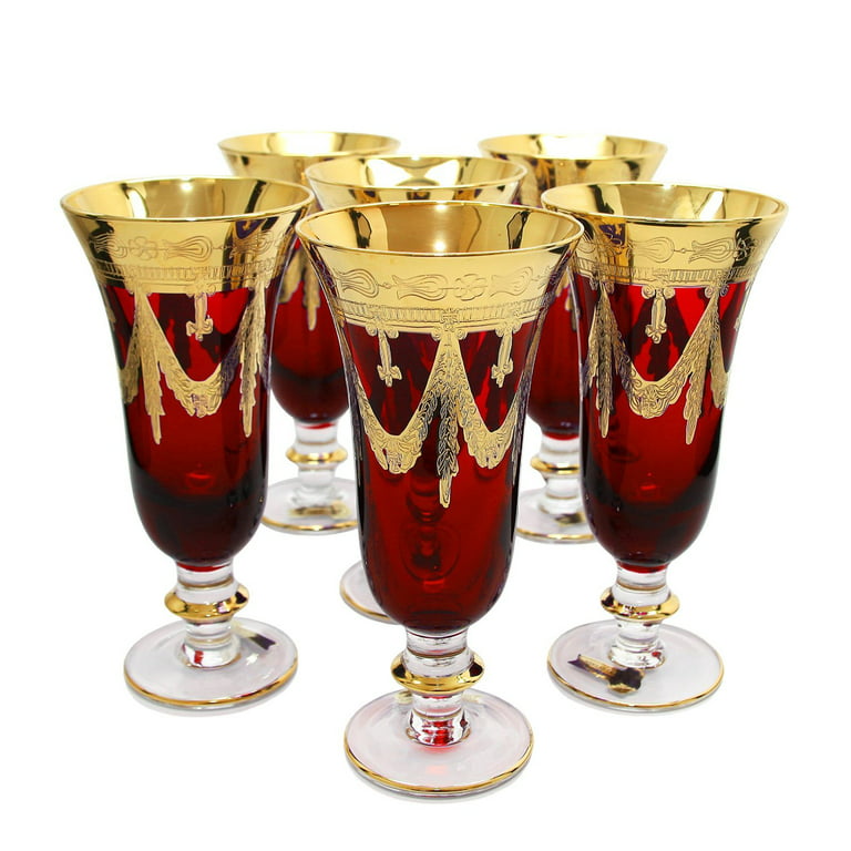 Ruby Red Crystal Gold Trimmed Wine Glasses Goblets Red Glassware Set of 4 