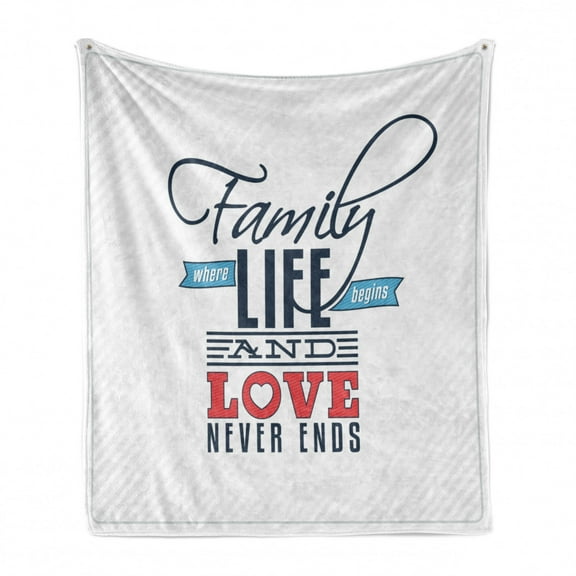 Family Soft Flannel Fleece Throw Blanket, Vintage Greeting Card Inspired Design with a Words About Family and Love, Cozy Plush for Indoor and Outdoor Use, 50" x 70", Black Pale Blue Red, by Ambesonne
