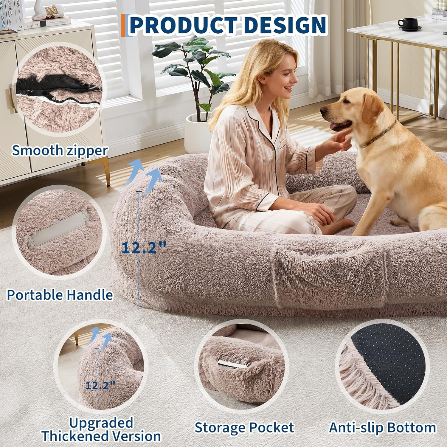 Rugerasy 65 Inch Large Gaint Shared Bed for People Pets,Human Dog Bed for Adult,Washable Faux Fur Removable Nap Bed Bean Bag with Handle Side Pocket,Brown