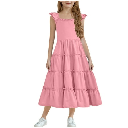 Beollynier Girls Summer Ruffle Sleeve Round Neck Long Dress with Zipper for Ages 3-13 - Solid Color and Color Block Styles - Perfect for Parties and Dress-Up Occasions
