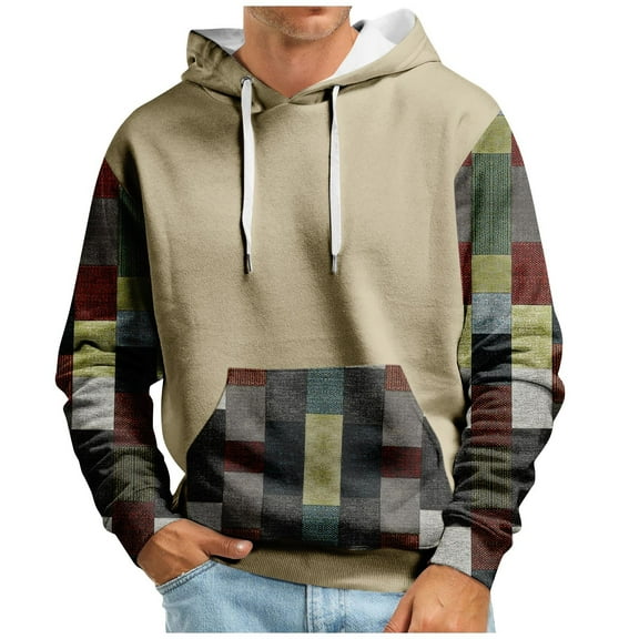 Men’s Sweatshirts Long Sleeve Pullover Patchwork Printed Hoodie Casual Drawstring Hoody Top