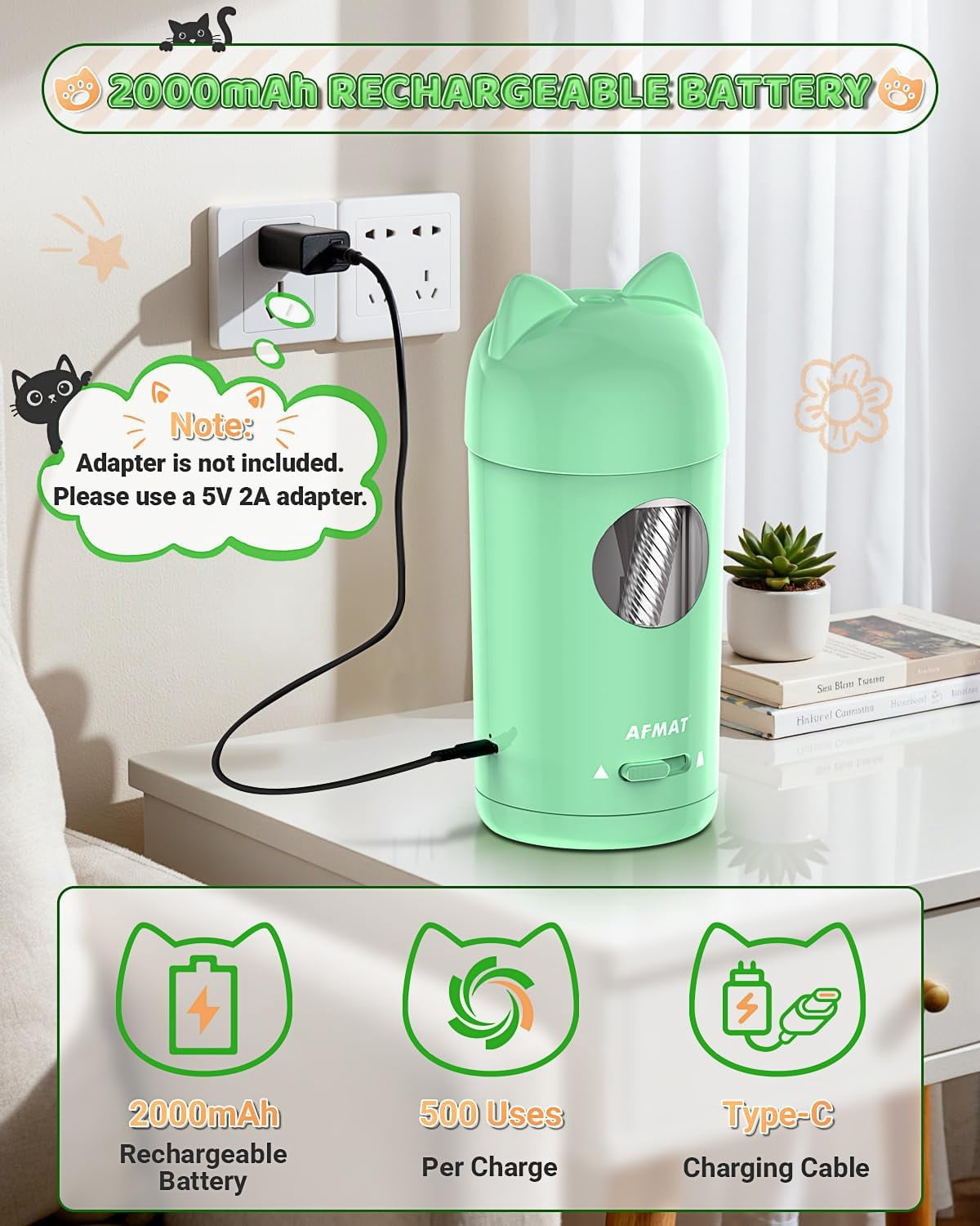 AFMAT Electric Pencil Sharpener, Fully Automatic Pencil Sharpener, Auto in & Out, for φ7-8mm No.2/Colored Pencils, Rechargeable & Cordless, Cute Cat Pencil Sharpeners for Classroom Home