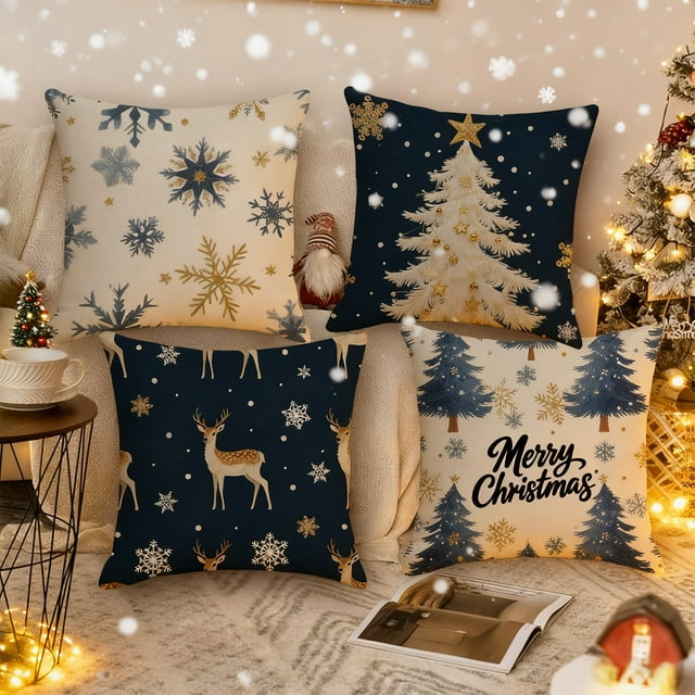 Juego de Cojines Navideños Azul Oscuro con Diseño de Árbol de Navidad, 45X45 Cm, para Sala de Estar | Funda de Almohada de Poliéster | Multicolor | 45X45 Cm | 1 Unidad
