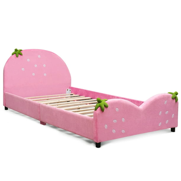 Topbuy Pink Kids Upholstered Twin Bed Toddler Bed with Adjustable Non slip Feet