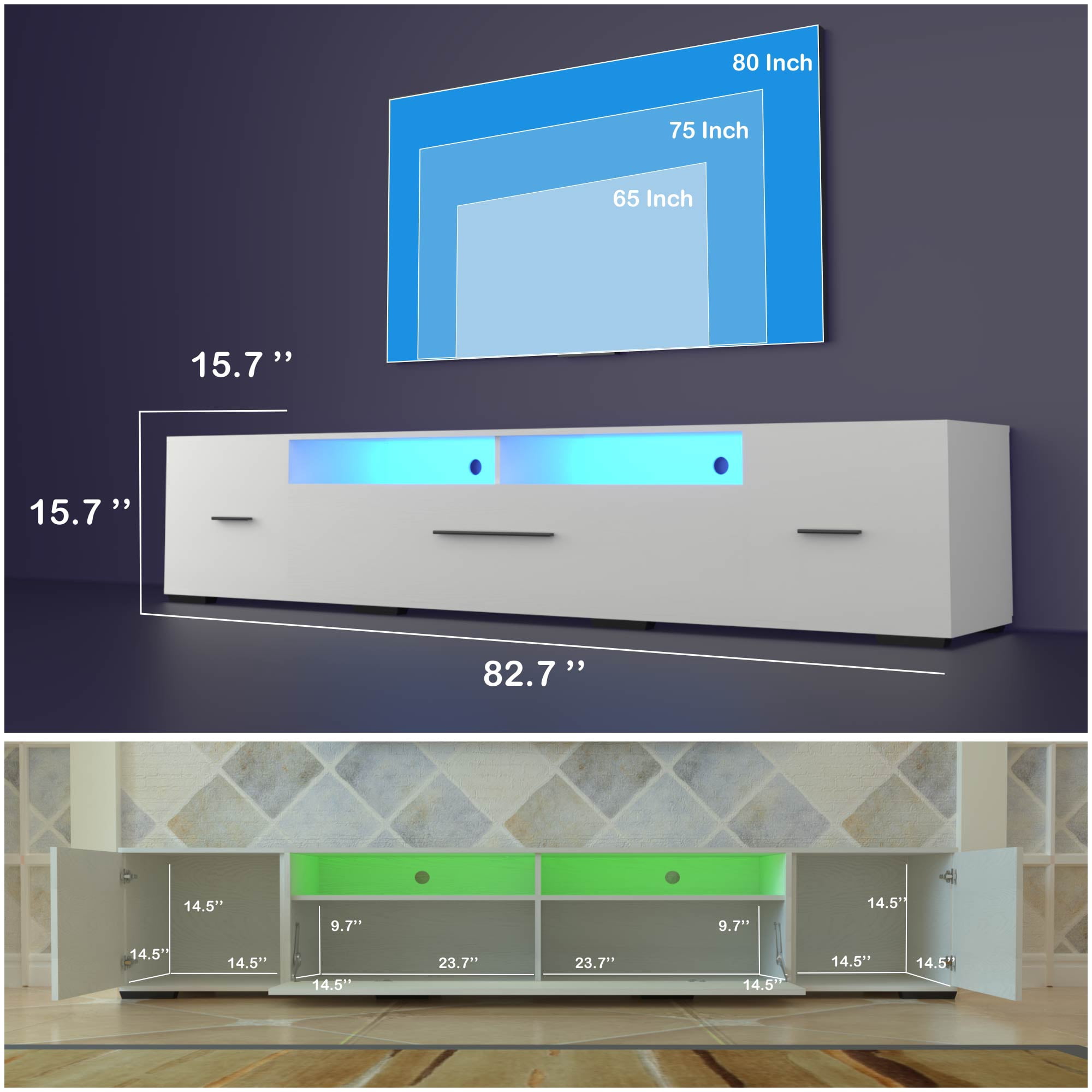 LED TV Stand for 55-80 Inch TV, Modern Entertainment Center Equipped with Power Outlet, 60 70 80 Inch Wood Grain Surface TV Console for Homes & Apartments, White