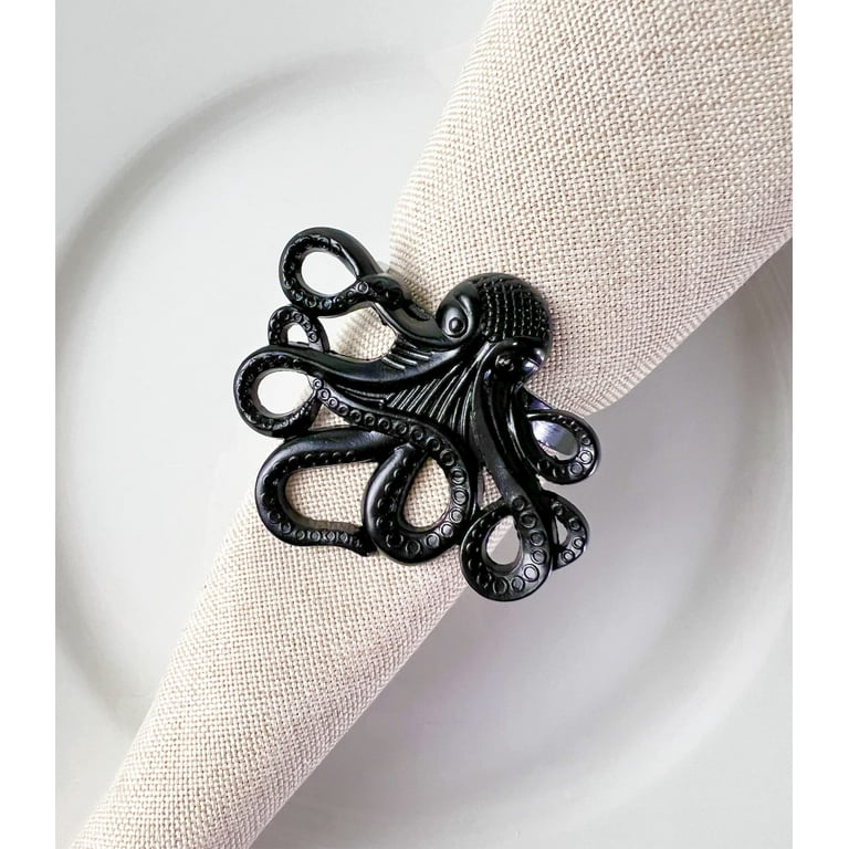 Fennco Styles Coastal Octopus Metal Napkin Rings Set of 4 Black Nautical Napkin Holders for Home D cor Dining Table Banquets Family Gathering