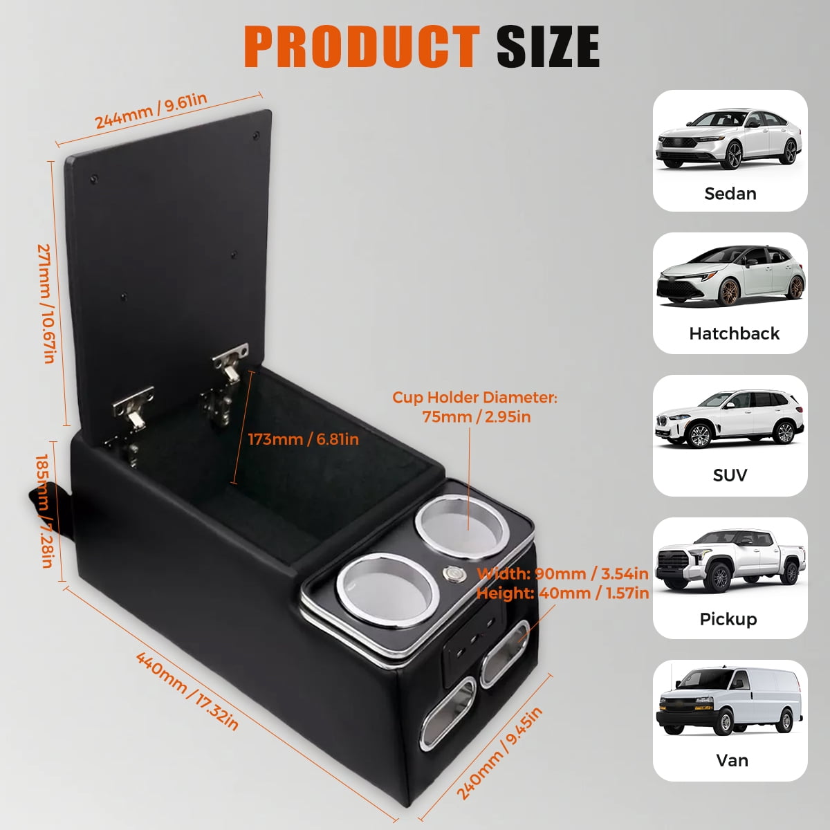 Black Universal Truck Seat/Bench Organizer with LED Light, USB Port, Cup Holders, Armrest, Padded Top Lid - Ideal for Business Upgrade Center Console Organizer