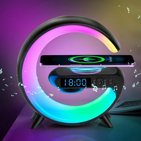 

Mini G Type Wireless Charging Atmosphere Lamp With Bluetooth Speaker Alarm Clock Night Light 15W Wireless Charger Speaker For Bedside Lamp Ambient Lighting For Christmas Gift(Black)