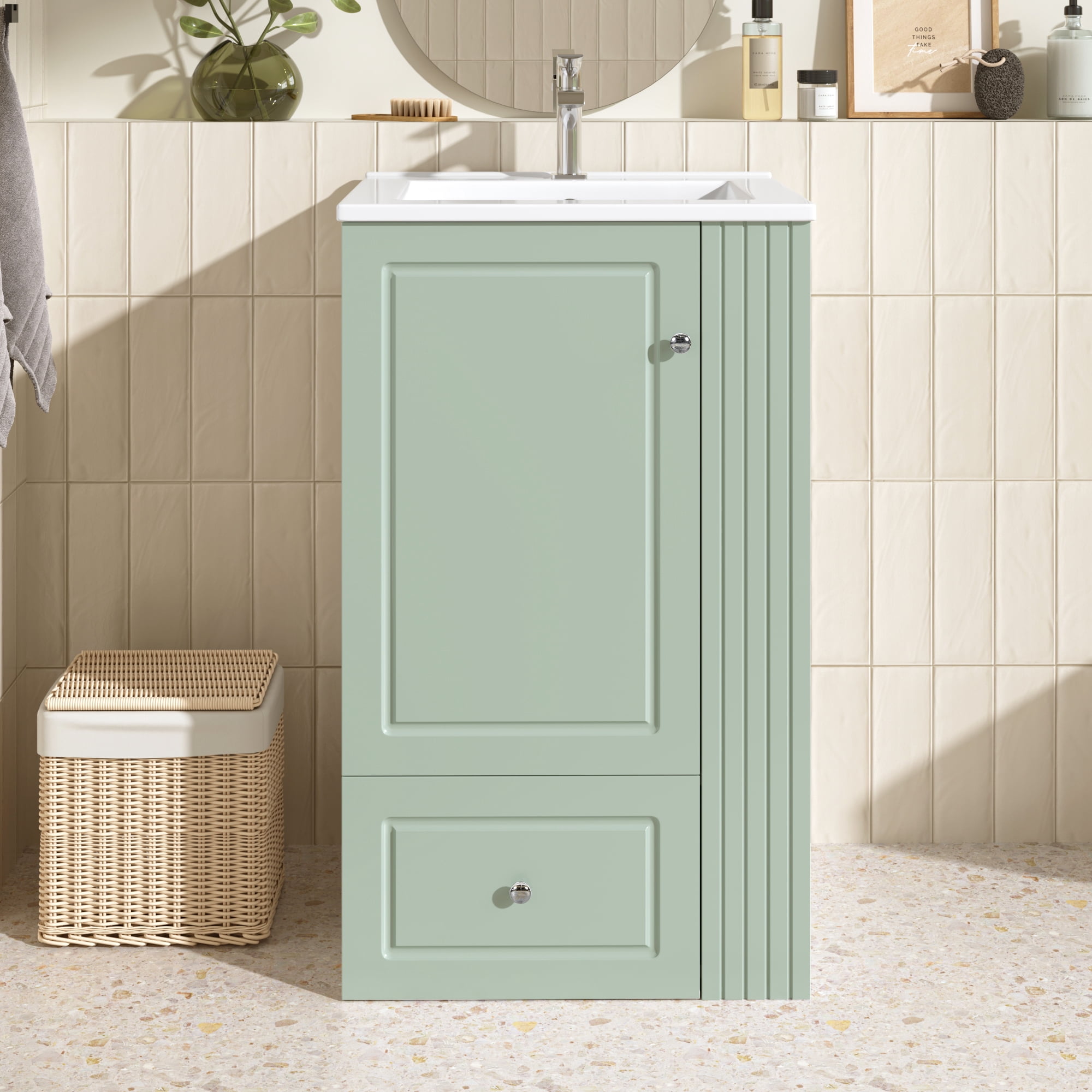 Euroco 20" Freestanding Bathroom Vanity with Ceramic Sink, Single Faucet Hole, MDF Storage Cabinet with Soft-Close Drawer, Open Side Shelves with Pinewood Towel Bar