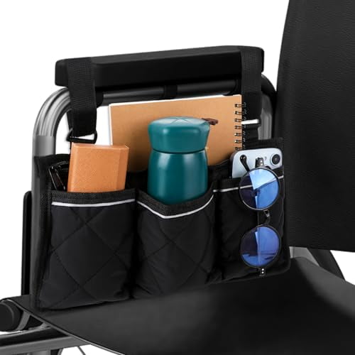 Wheelchair Side Bag,Wheelchair Bags Wheelchair Armrest Pouch Accessories with Reflective Stripe Waterproof Wheelchair Side Pocket for Walker Rollator Electric Scooter Wheelchairs(Black)