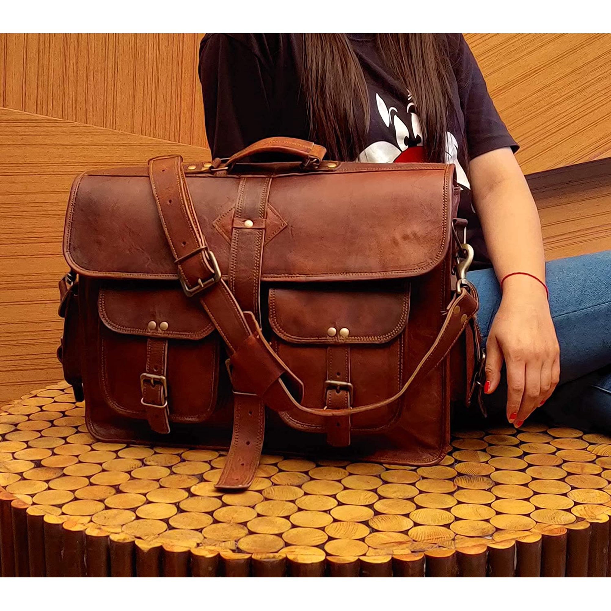 VC 18 Inch Vintage Handmade Leather Messenger Bag Laptop Briefcase