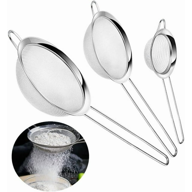 WWS-3 PCS Fine Mesh Strainers Set, Premium Stainless Steel Colanders and Sifters, with Reinforced Frame and Sturdy Handle, for Juice Egg Flour Filter and Rinse Vegetable Fruit(3 Sizes)