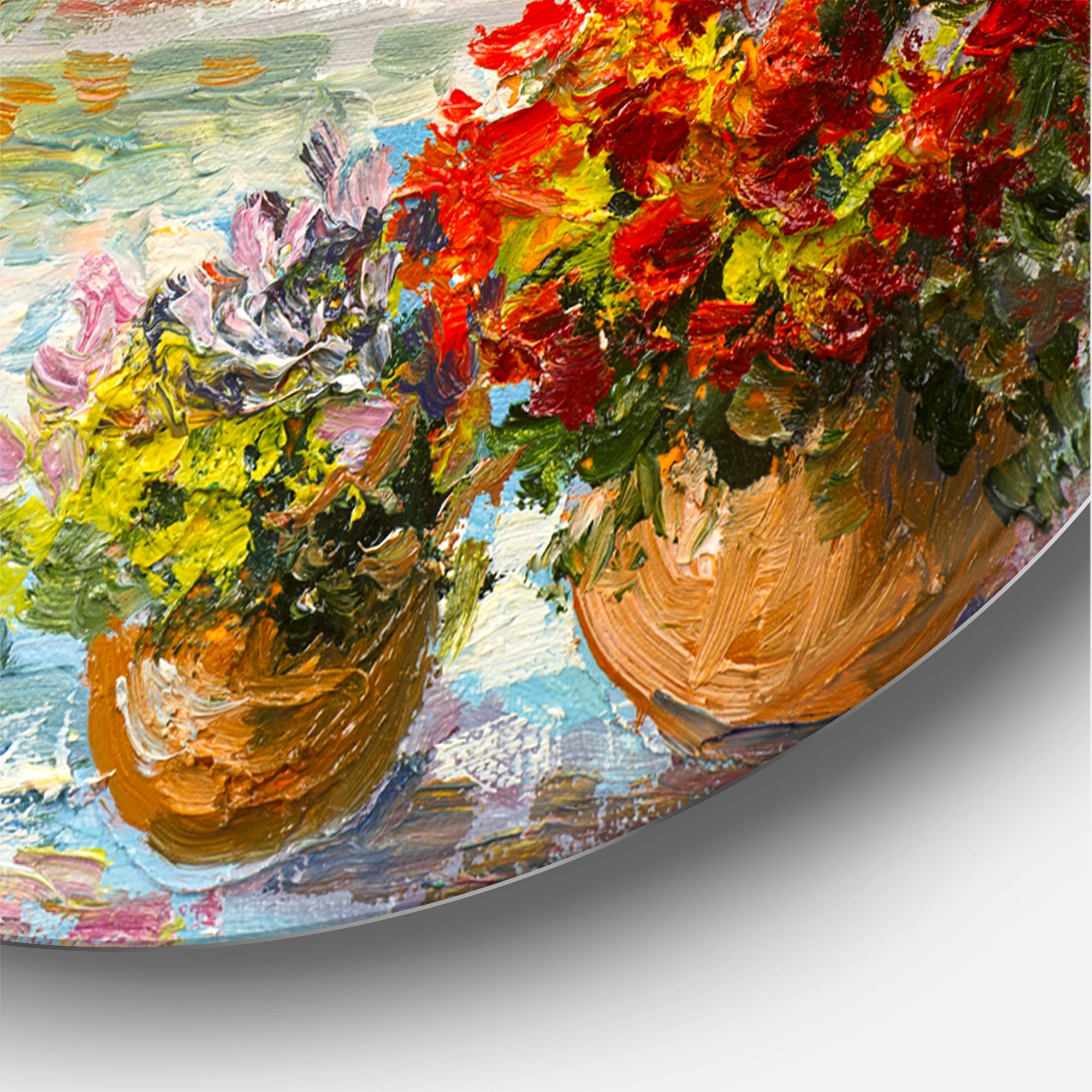 Designart 'Terrace With Red Flowers Near The Sea' Nautical & Coastal Circle Metal Wall Art 23x23 - Disc of 23