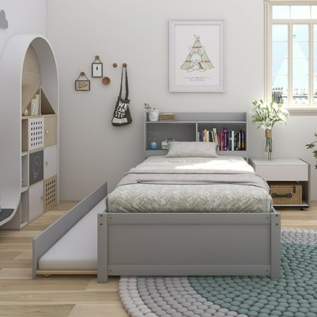 Twin Bed with Trundle,Bookcase,Grey