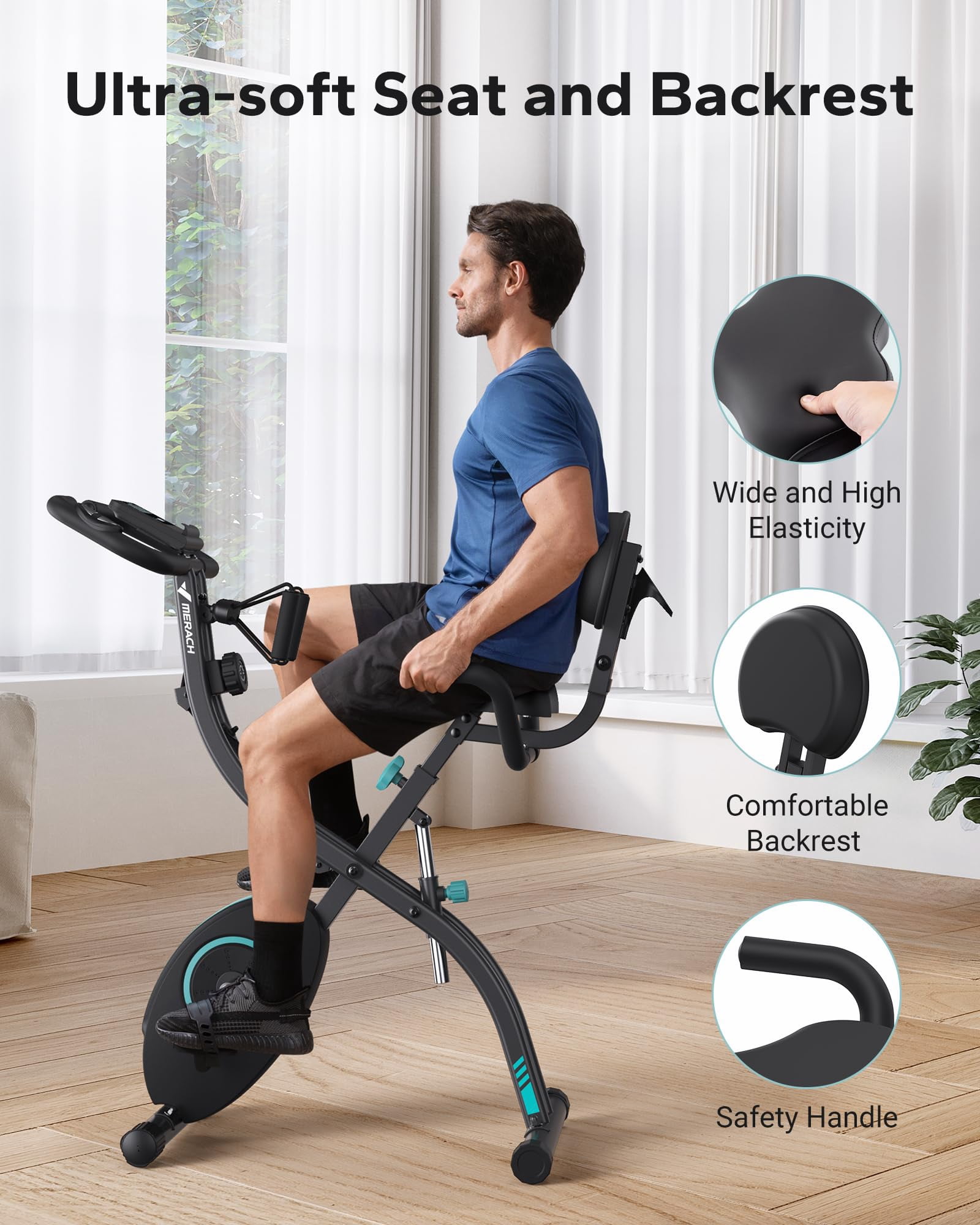 MERACH 4-in-1 Exercise Bike Quiet Folding Magnetic Upright Bikes with Arm Resistance Bands Home Workout Use,16 Levels of Resistance