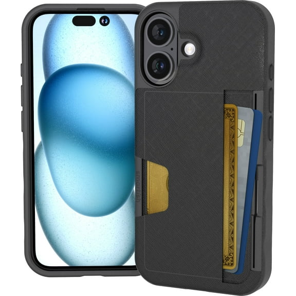 Smartish® iPhone 16 Wallet Case - Wallet Slayer Vol. 2 [Slim   Protective] Credit Card Holder w/Kickstand - Drop Tested Hidden Card Slot Cover Compatible w/Apple iPhone 16 - Black Tie Affair