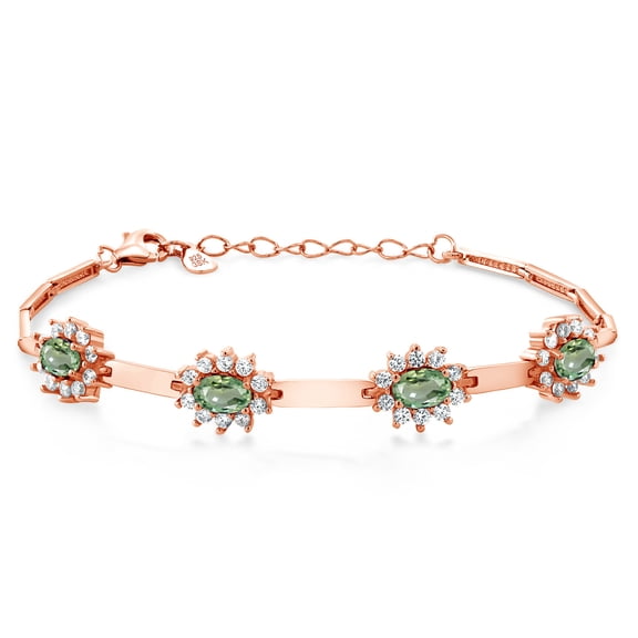Gem Stone King 18K Rose Gold Plated Silver Green Sapphire and White Created Sapphire Bracelet for Women (3.80 Cttw, Gemstone September Birthstone, Oval 6X4MM, 7 inch 1 inch Extender)