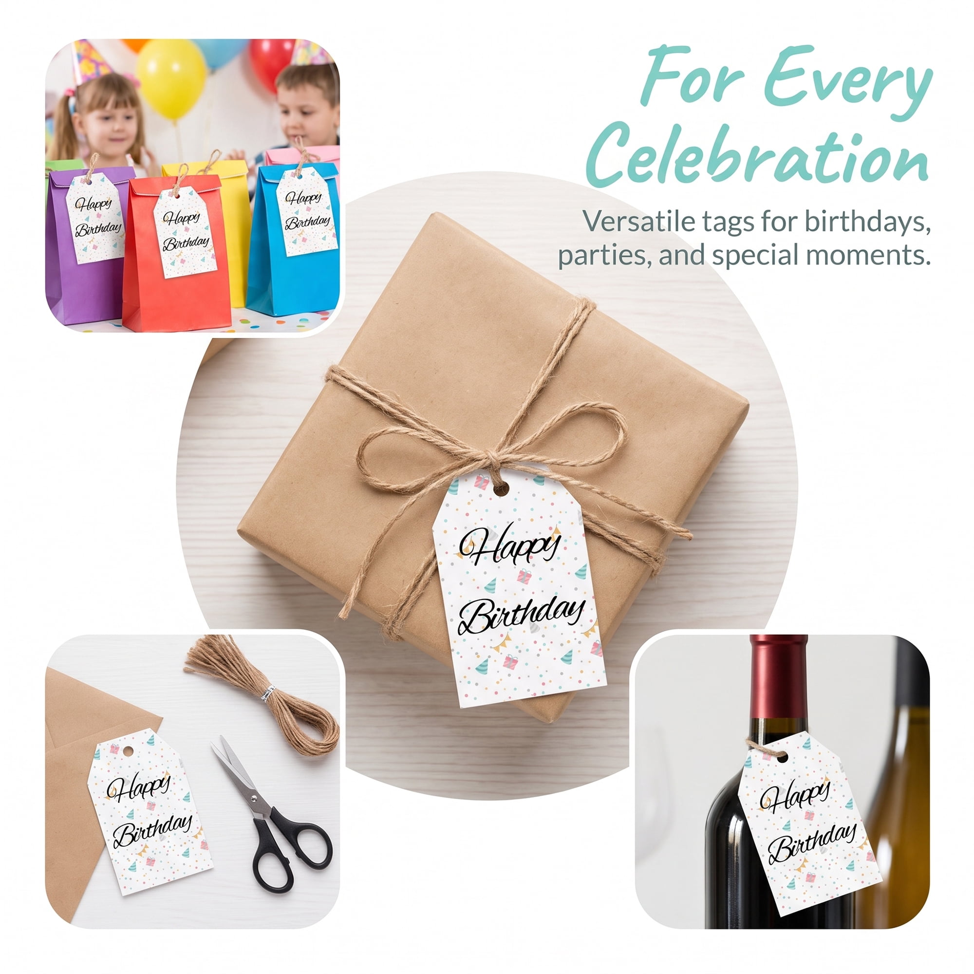 Unique Bargains Vibrant Birthday Gift Tags with Jute Twine Birthday Pattern 2.2" x 3.3"