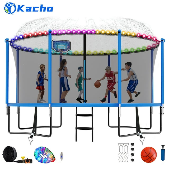 Kacho Trampoline, 16FT Trampoline for 8-9 Kids Adults with Enclosure, 1500LBS Outdoor Trampoline with Basketball Hoop, Sprinkler, Light, Ladder, Galvanized Anti-Rust Coating Heavy Duty Trampoline