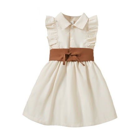 

Kucnuzki 4T Toddler Baby Girl Summer Dress Causal Dress 5T Toddler Girl Fly Ruffled Sleeve Solid Color Belt-Tie Button Sleeveless Dress White