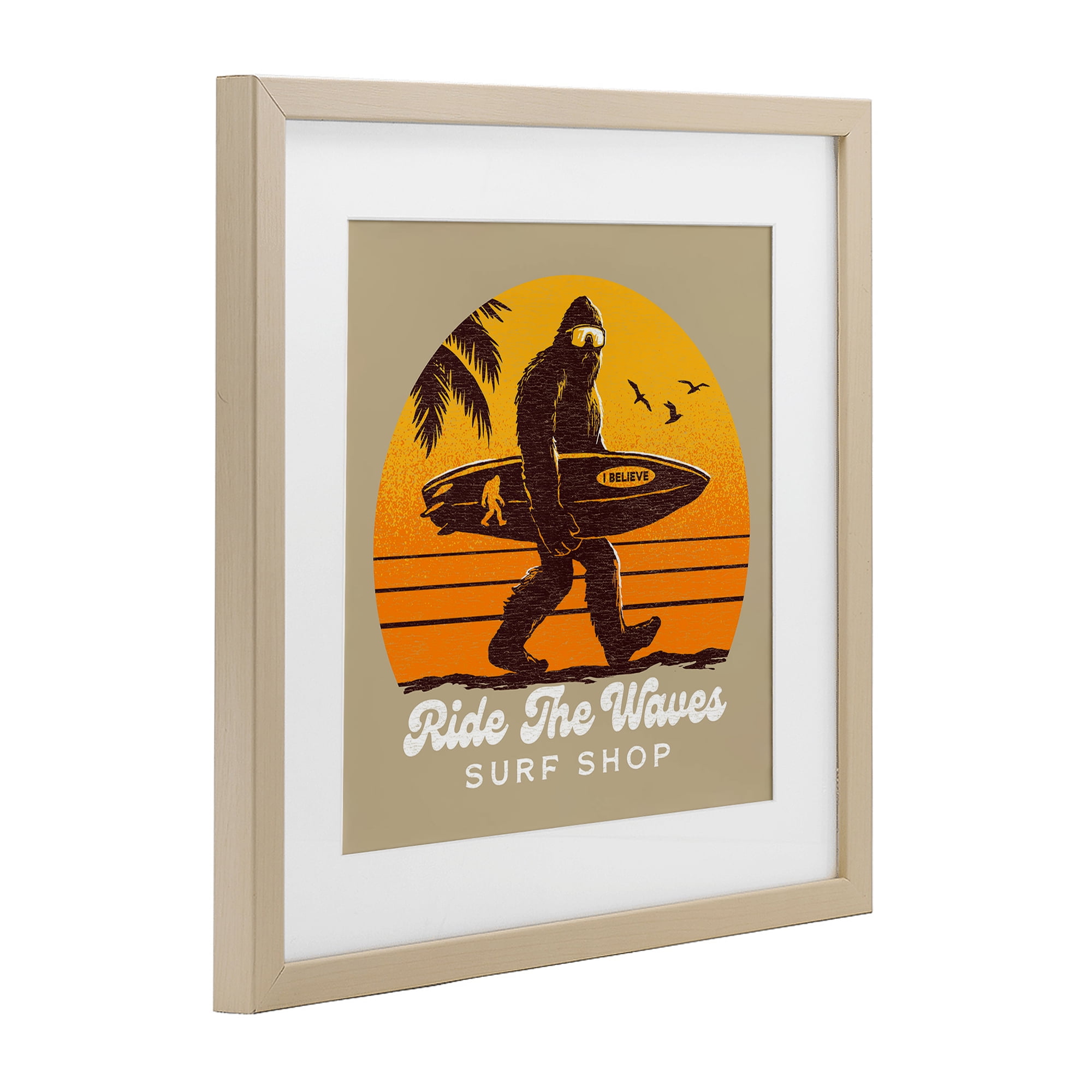 Ride The Waves Surf Shop Birch Framed Print Under Glass, design by Jedco Brands Inc.