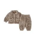 thumbnail image 3 of WRKEKC Newborn Winter Outfits 2-Piece Solid Color Fuzzy Sherpa Bear-Embellished Jacket and Fleece-Lined Pants Loungewear Set 0-24 Months, 3 of 4