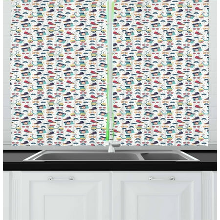 Hipster Curtains 2 Panels Set, Teenager Fun Pattern with Mustache Photo Camera Scooter Sneakers and Sunglasses, Window Drapes for Living Room Bedroom, 55W X 39L Inches, Multicolor, by