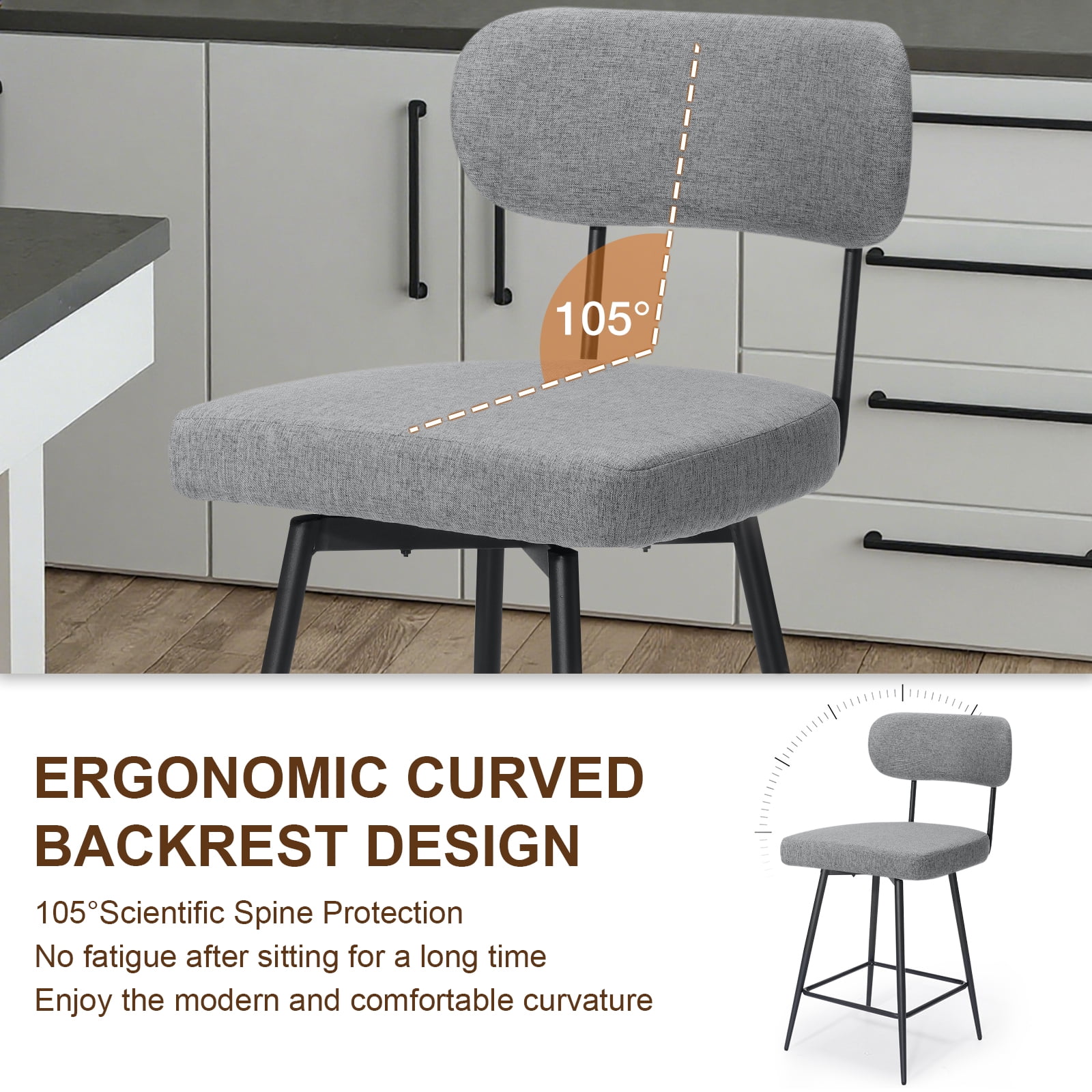 Hommpa Swivel Bar Stools Set of 3 Counter Height Barstools 26" Gray Linen Fabric Upholstered Kitchen Counter Stools with Backs, Metal Legs, Footrest and Wide Seat
