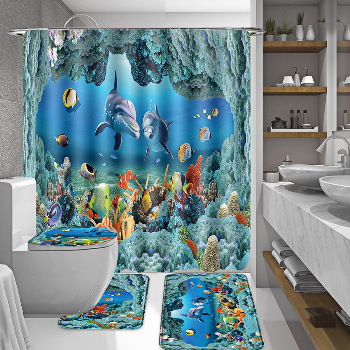 Ocean Dolphin Bathroom 3D Shower Curtain Set with Non Slip Toilet Cover Rugs Mat