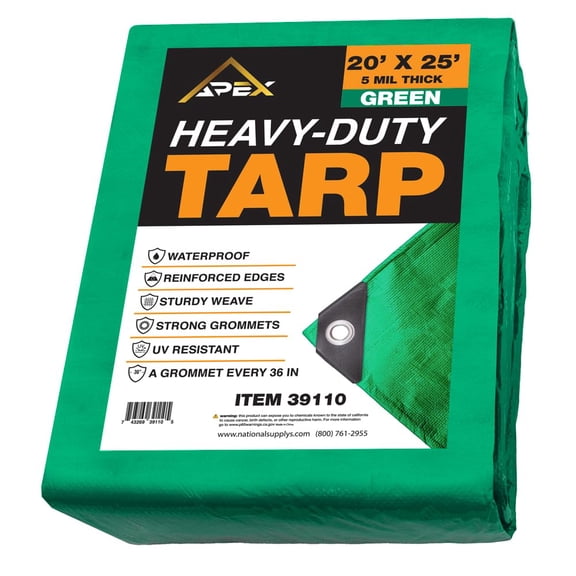 Heavy Duty Green Tarp - 20ft x 25ft - 5 MIL Multipurpose UV Resistant, Waterproof Protective Tarp Cover with Metal Grommets and Reinforced Edges - for Roof, Camping, Patio, Boat, Car 39110