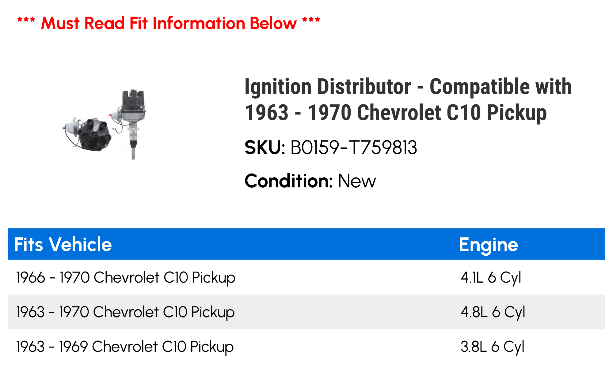 Ignition Distributor - Compatible with 1963 - 1970 Chevy C10 Pickup 1964 1965 1966 1967 1968 1969