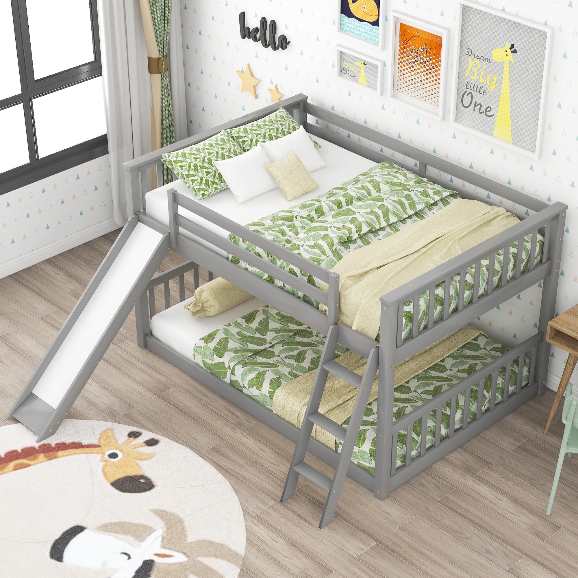 Euroco Full over Full Floor Bunk Bed with Inter-Changeable Slide and Ladder, Solid Wood Bunk for Kids Teens Adults, Gray