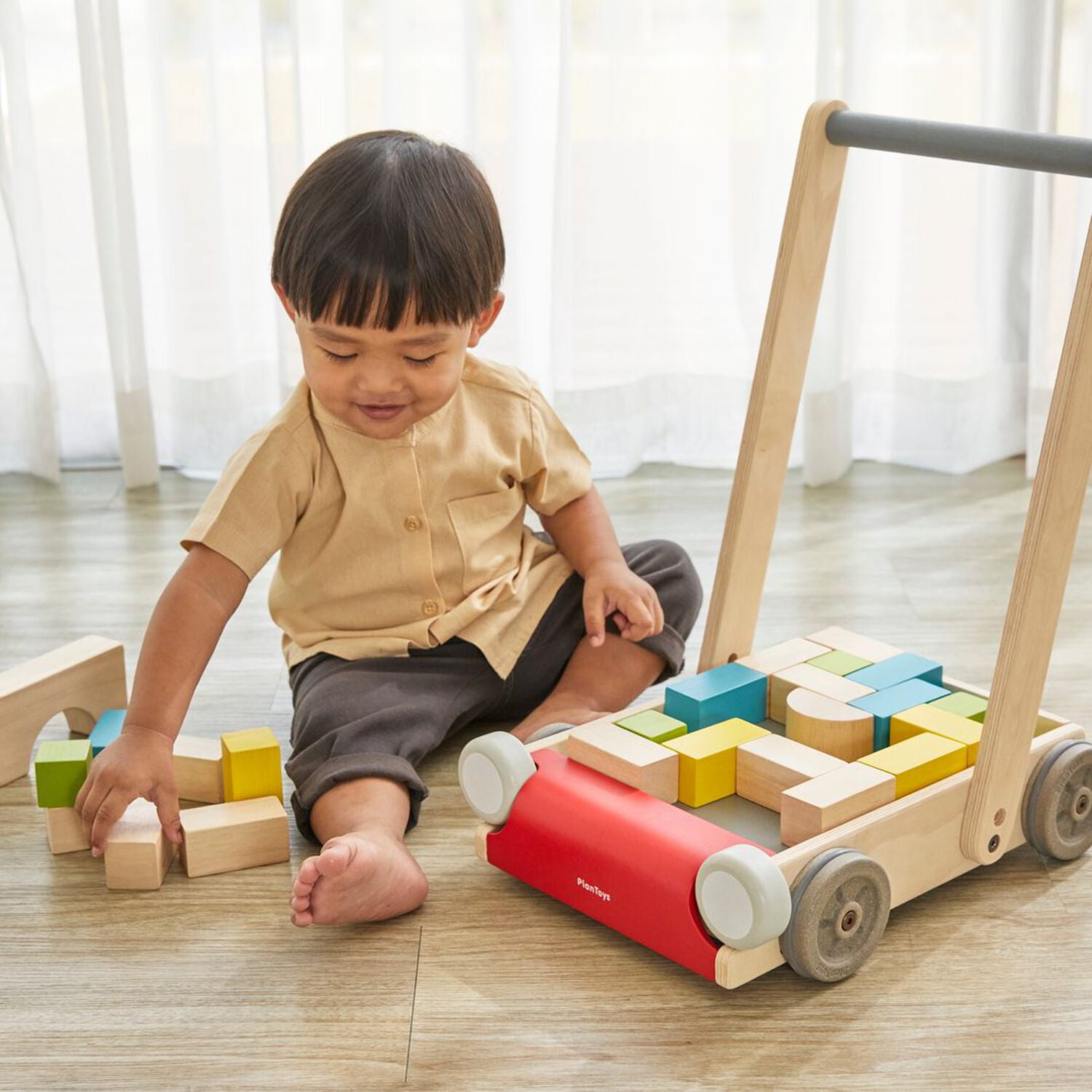 PlanToys® Baby Walker Wooden Push Toy for First Steps & Balance | Montessori Developmental Toy for Coordination & Confidence | Eco-Friendly Learning Toy