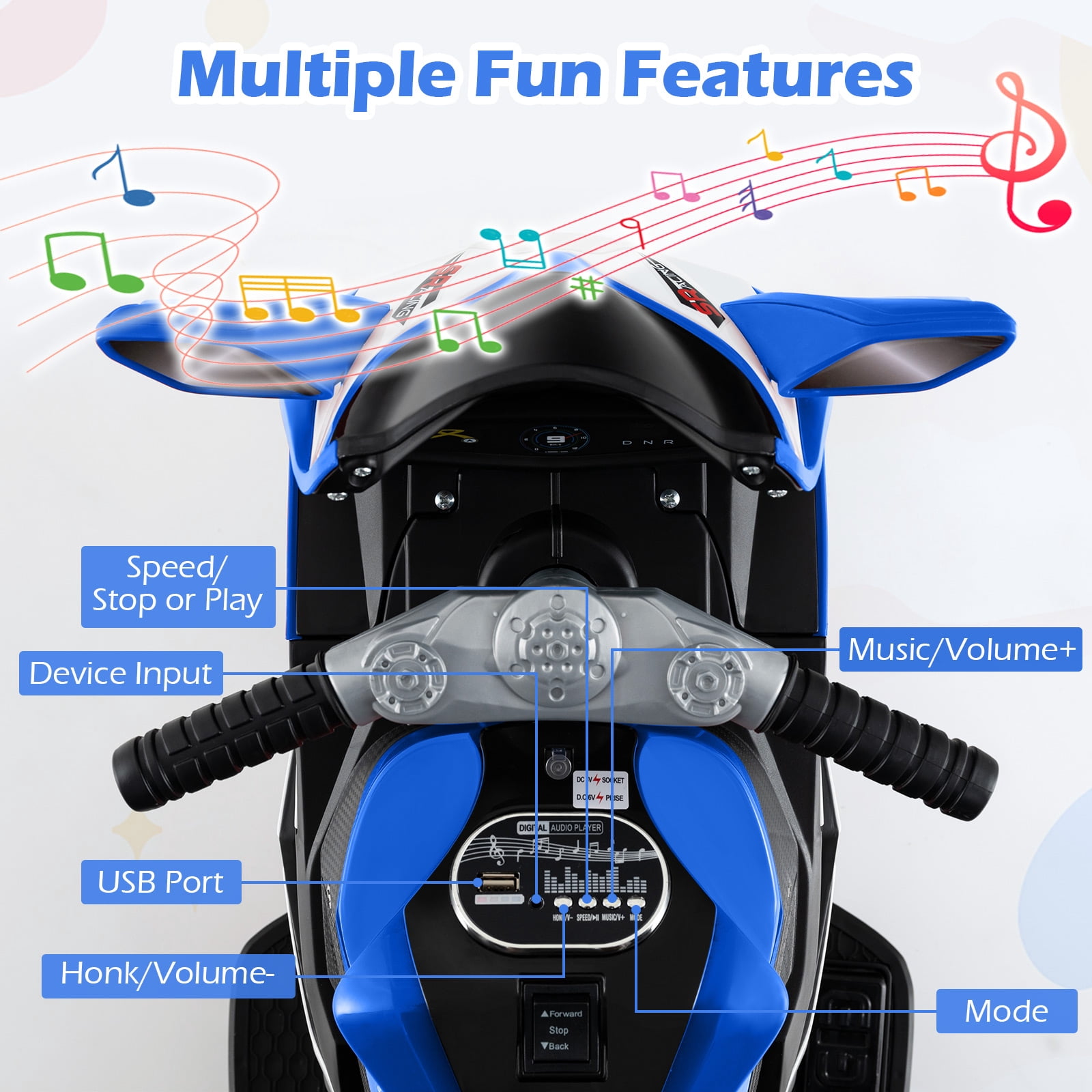 OLAKIDS 6V Kids Motorcycle with Forward & Reverse Switch, Headlight, Wheel Lights, Horn, Music, USB Port, 3-Wheel Ride on Toy for Toddler Aged 3+