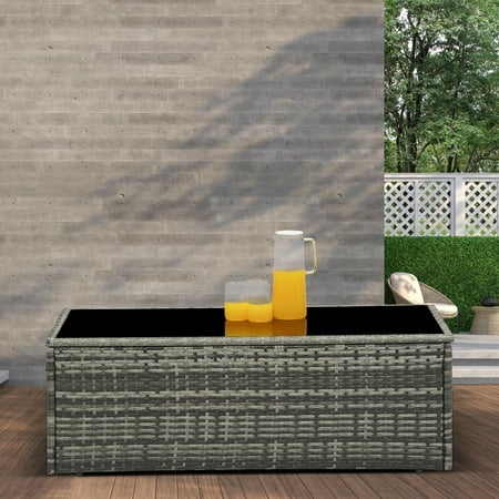 Outdoor Coffee Table Grey Wicker Table for Patio Sectional Furniture All-Weather Aluminum Frame Rectangular Coffee Table with Glass Top