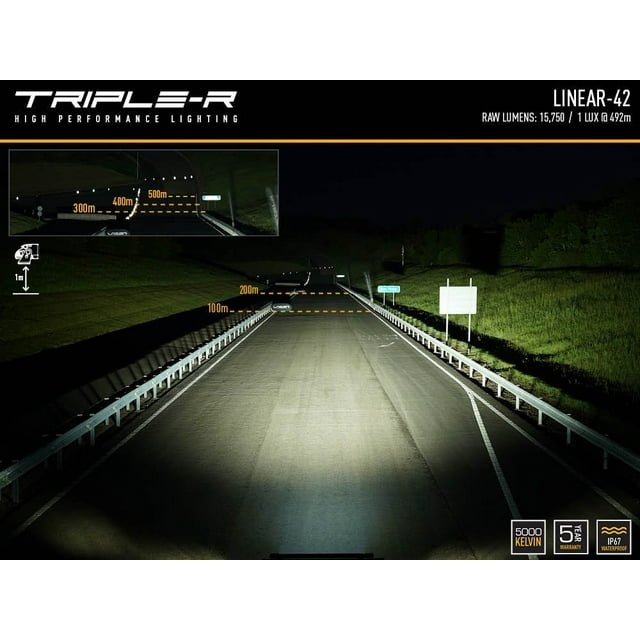 Triple-R Light Light Bar LNR-42 Linear-42; LED Bulbs; 44.6 Inch Length; 42 High Output 3 Watt LEDs; 10.2 Amps At 14.4 Volt; 147 Watts Power Consumption; Spread Beam; 15750 Raw Lumens