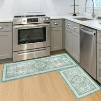 Boho Sage Green Kitchen Mats for Floor, White Flower Kitchen Rugs Set of 2 Carpet Area Rug, Floral Vintage Farmhouse Green Boho Kitchen Decor and Accessories Stuff, 17x30 and 17x47 Inch