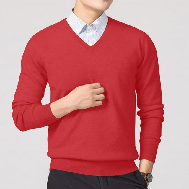 fheaev Chandail pour Hommes Automne Doux Classique Chandail d'Hiver Décontracté Mode Couleur Unie Texture Manches Longues Col en V