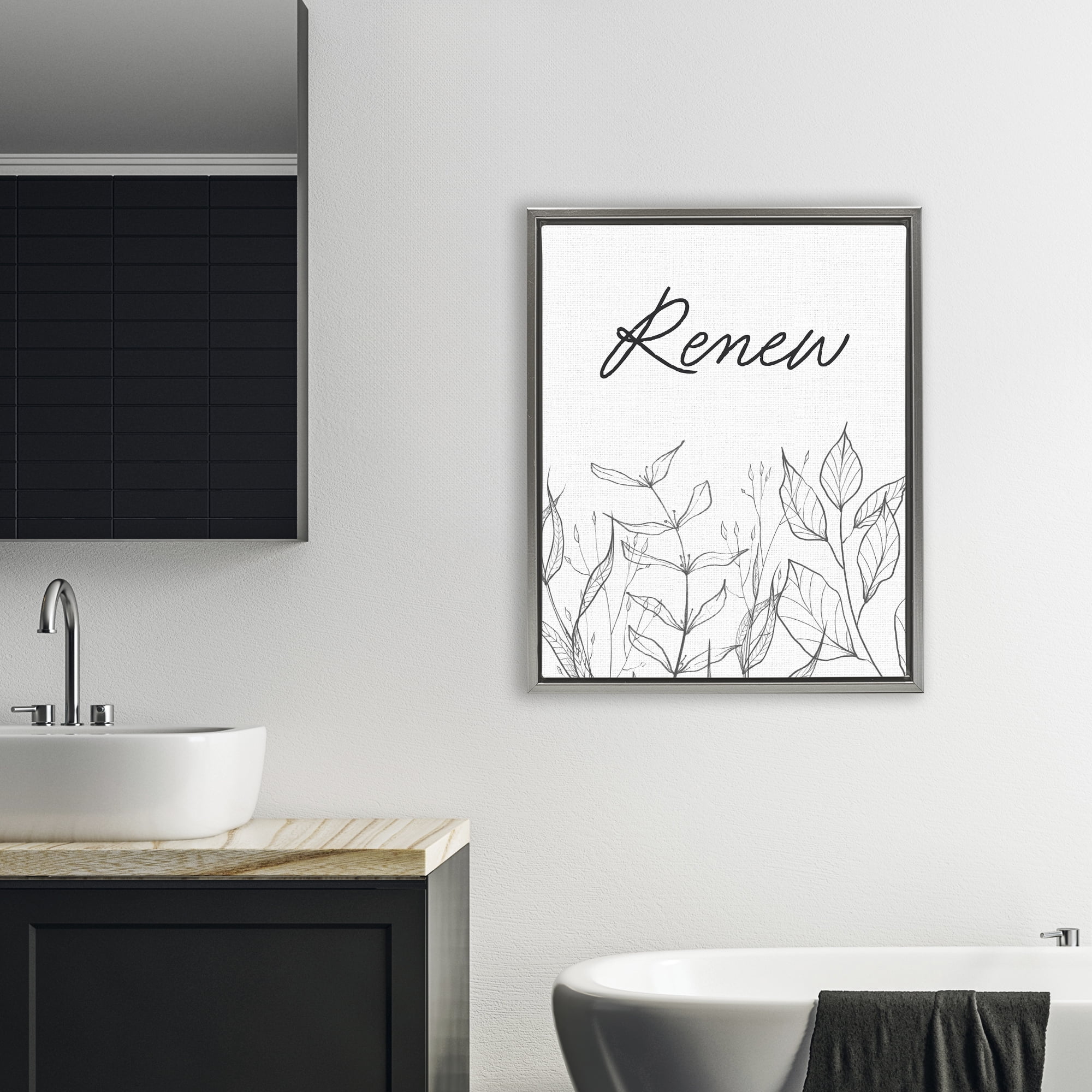 Renew with Leaf Outlines Gray Framed Floater Canvas Wall Art, design by Lettered and Lined