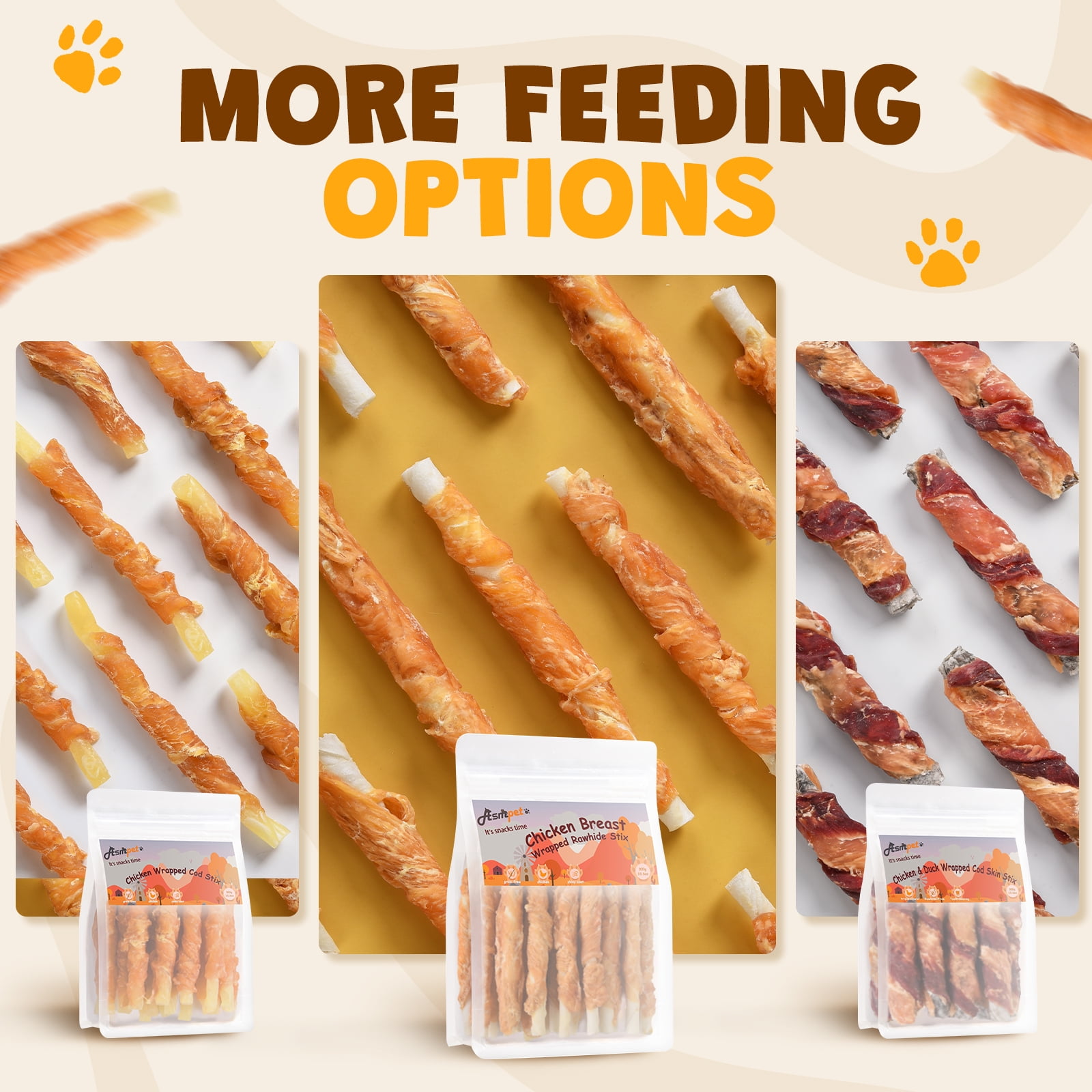 (3 pack) ASMPET Chicken Wrapped Rawhide Dog Treats, Long Lasting for Strong Chewers, Dental Care Bones, 10.6oz