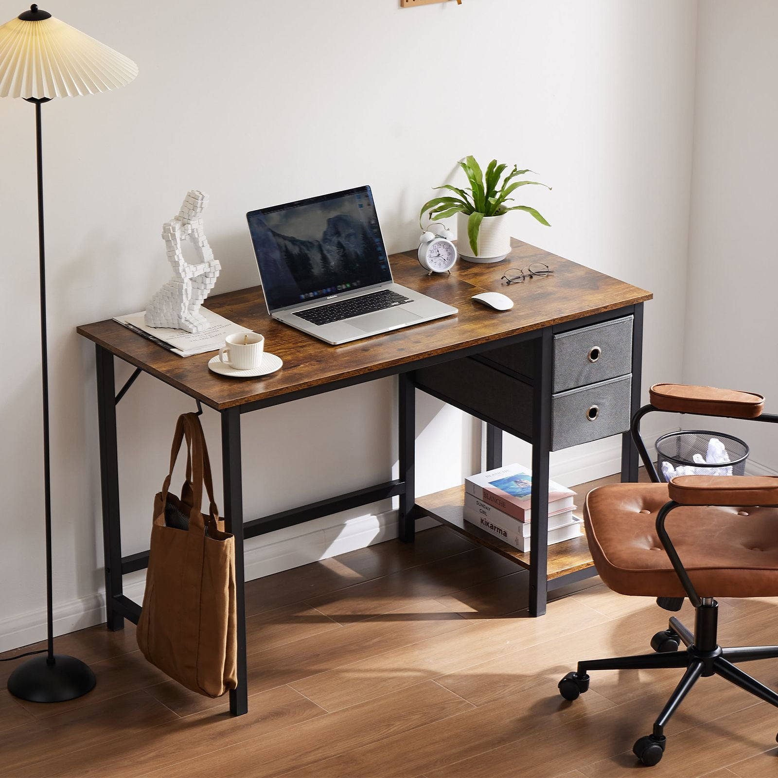 GIANNA 40 Inch Computer Desk, With 2-Tier Drawers Storage Shelf, Side Headphone Hook, Rustic Brown
