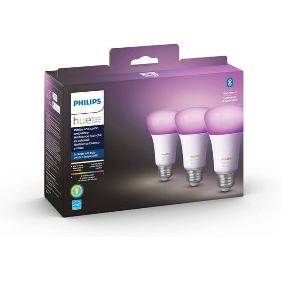 Philips Hue White and Color LED Smart Button Starter Kit, 3 A19 Smart Bulbs, 1 Smart Button & 1 Hue Hub (Works with Alexa, Apple HomeKit & Google Assistant)
