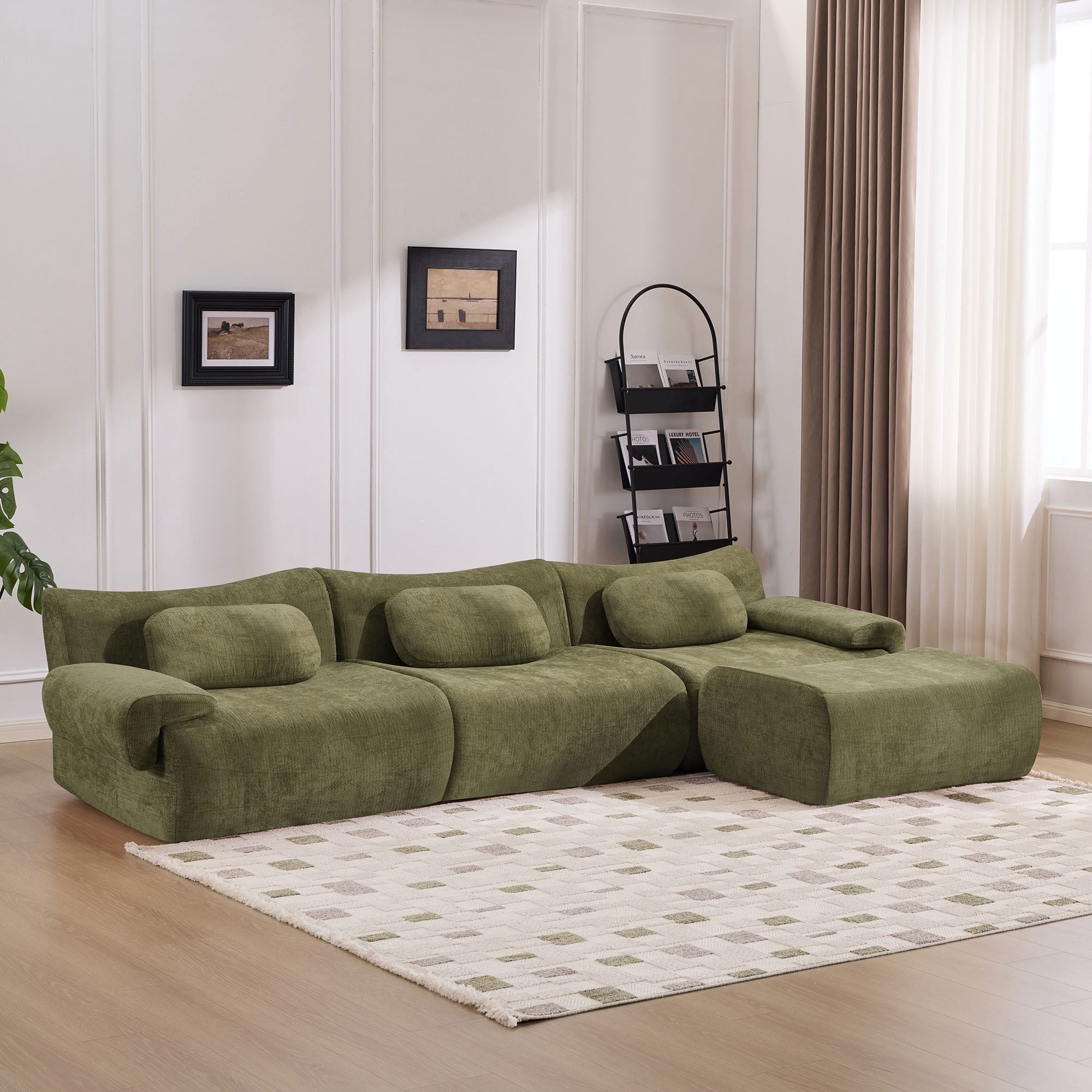MAYEERTY 3+1 Seat Modular L-Shaped Sectional Sofa with Ottoman, Chenille Upholstered Deep Seat Couch with 3 Throw Pillows, No Assembly for Living Room Bedroom Apartment Small Spaces